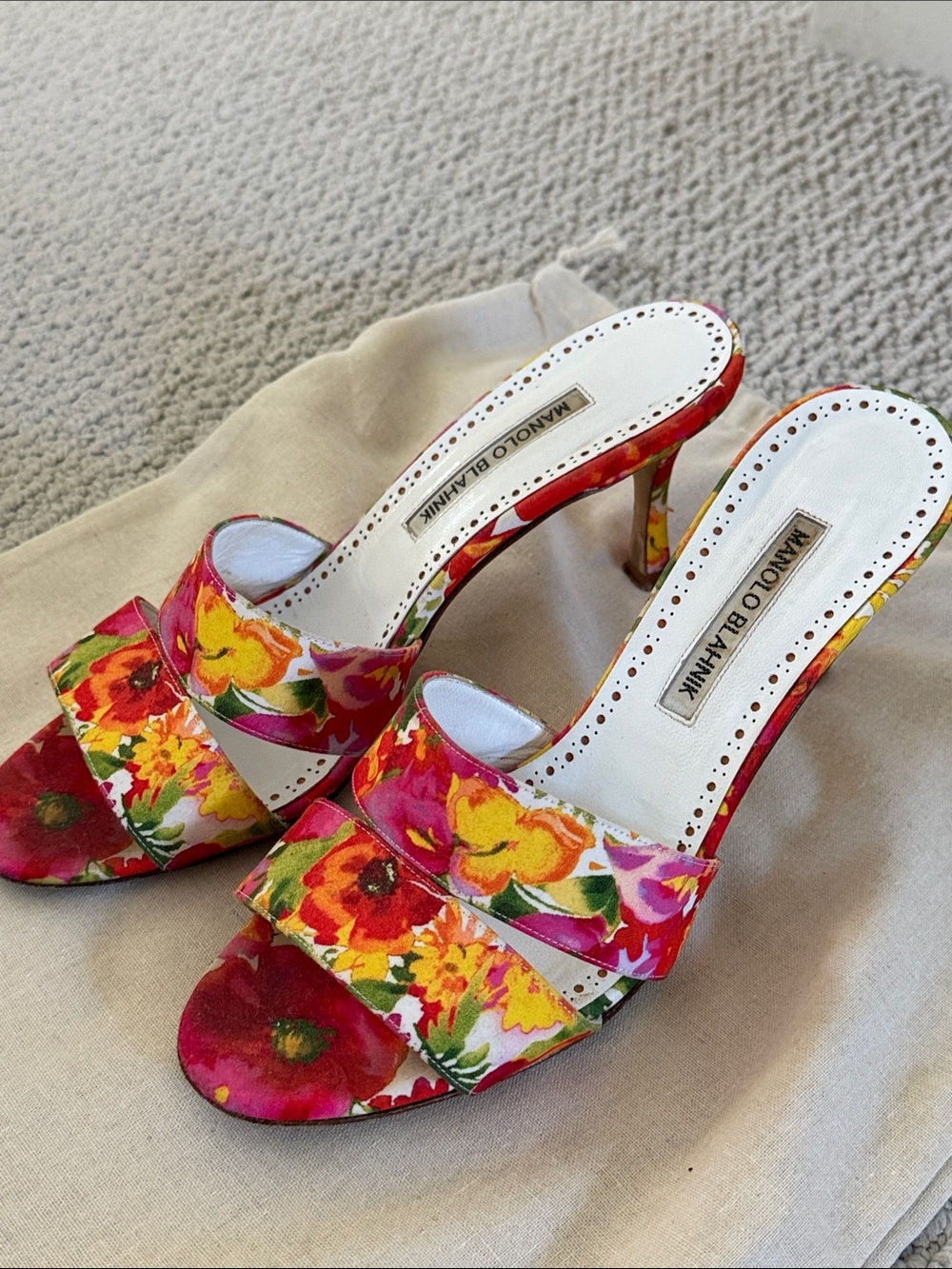 Manolo Blahnik Multicolor Floral Open-Toe Mule Heels